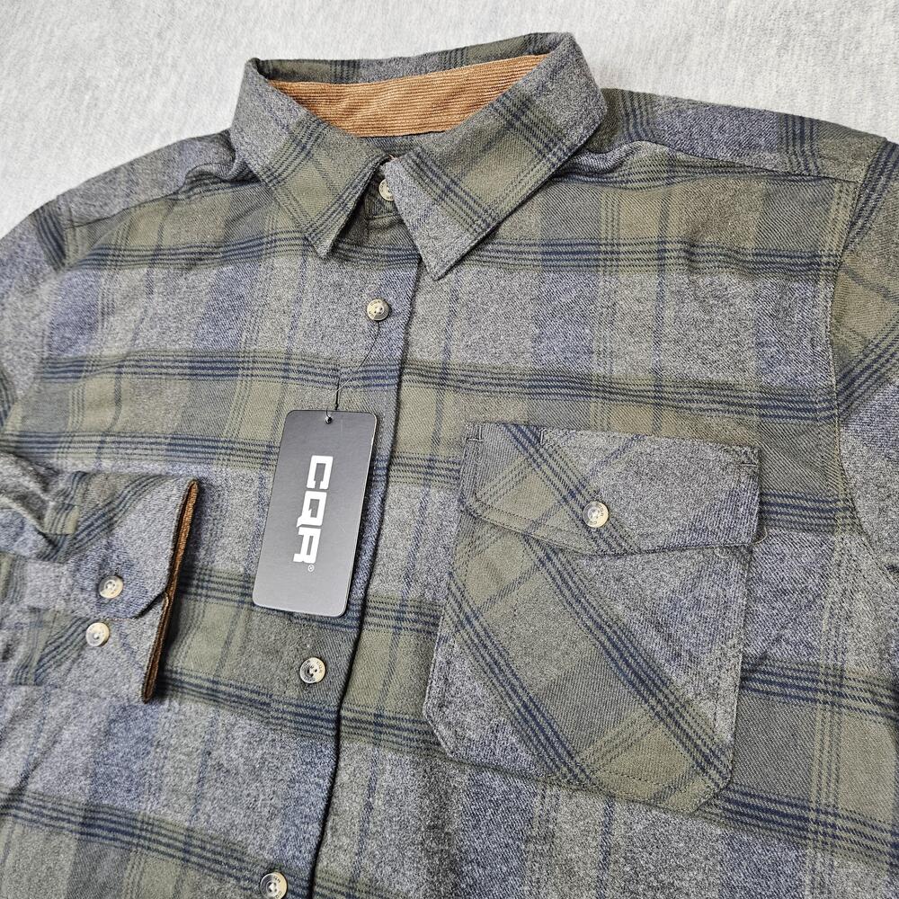 CQR Shirt Mens M Green Plaid Button Up Long Sleeve Flannel Corduroy Flip Cuff